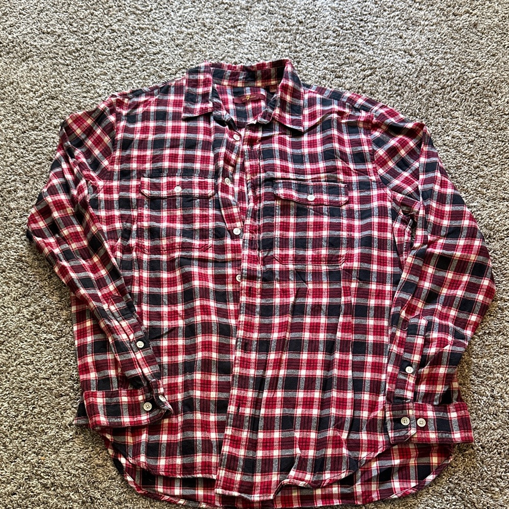 7 For All Mankind Red and Black Plaid Casual Shirt